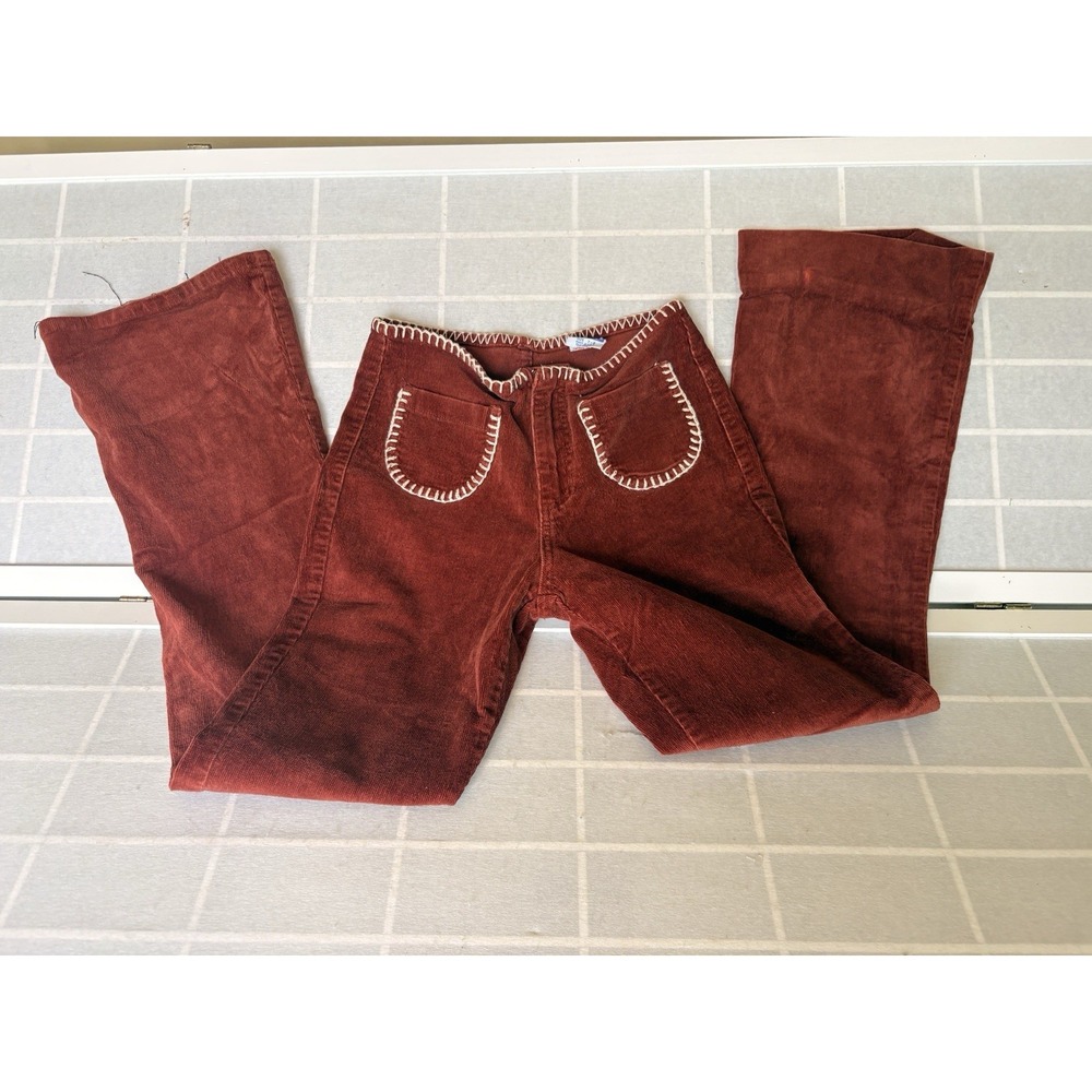 Y2K Low Rise Corduroy Flare Pants Rust Red Blanket Stitch Sz 7/8 USA 23" Waist